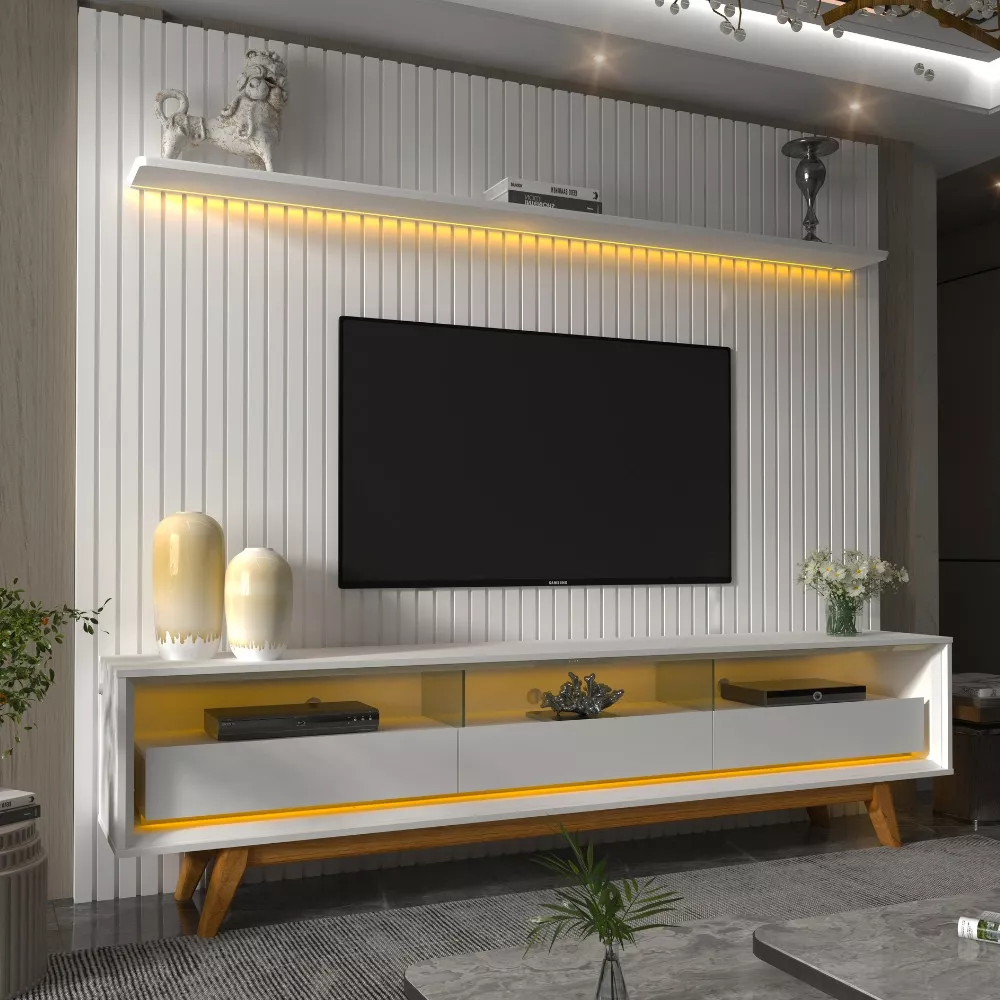 Rack com Painel Ripado para TV até 85 Polegadas com LED e Vidro 3 Gavetas com Pés de Madeira Nobre Requinte Gelius