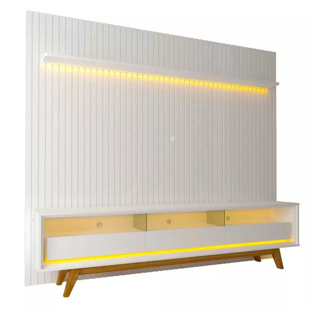 Rack com Painel Ripado para TV até 85 Polegadas com LED e Vidro 3 Gavetas com Pés de Madeira Nobre Requinte Gelius