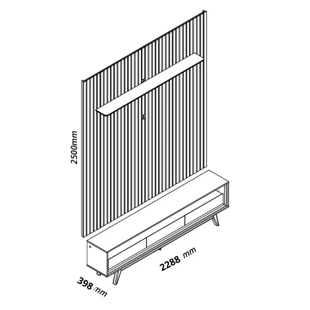 Rack com Painel Ripado para TV até 85 Polegadas com LED e Vidro 3 Gavetas com Pés de Madeira Nobre Requinte Gelius