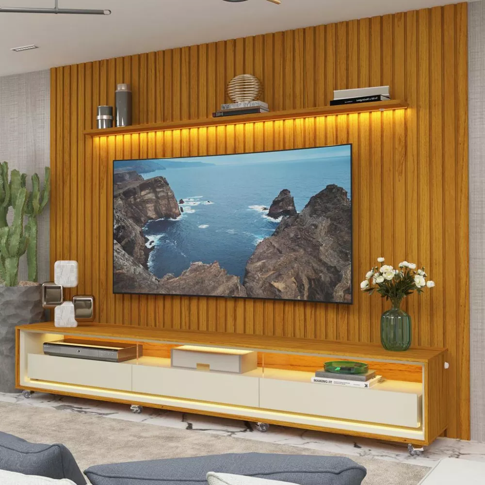 Rack com Painel para TV até 85 Polegadas 3 Gavetas Ripado LED com Rodízios Nobre Requinte Gelius