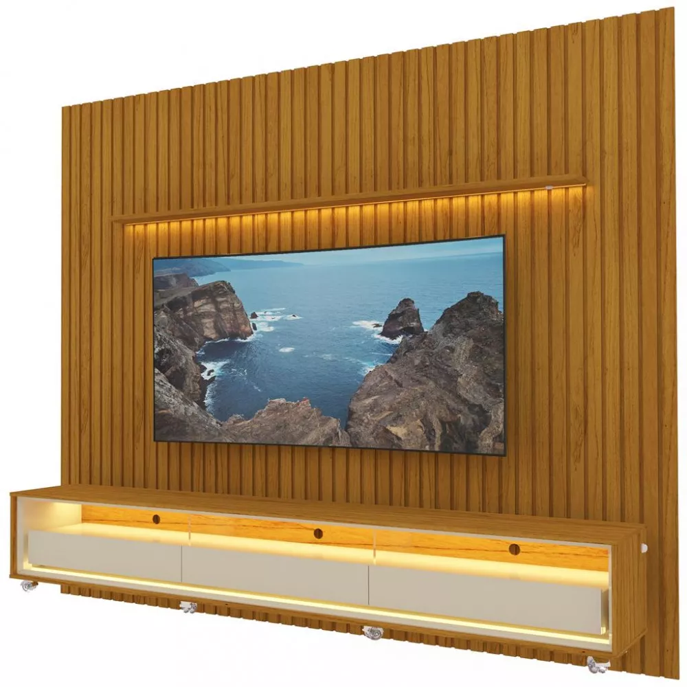 Rack com Painel para TV até 85 Polegadas 3 Gavetas Ripado LED com Rodízios Nobre Requinte Gelius