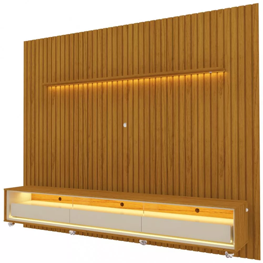 Rack com Painel para TV até 85 Polegadas 3 Gavetas Ripado LED com Rodízios Nobre Requinte Gelius