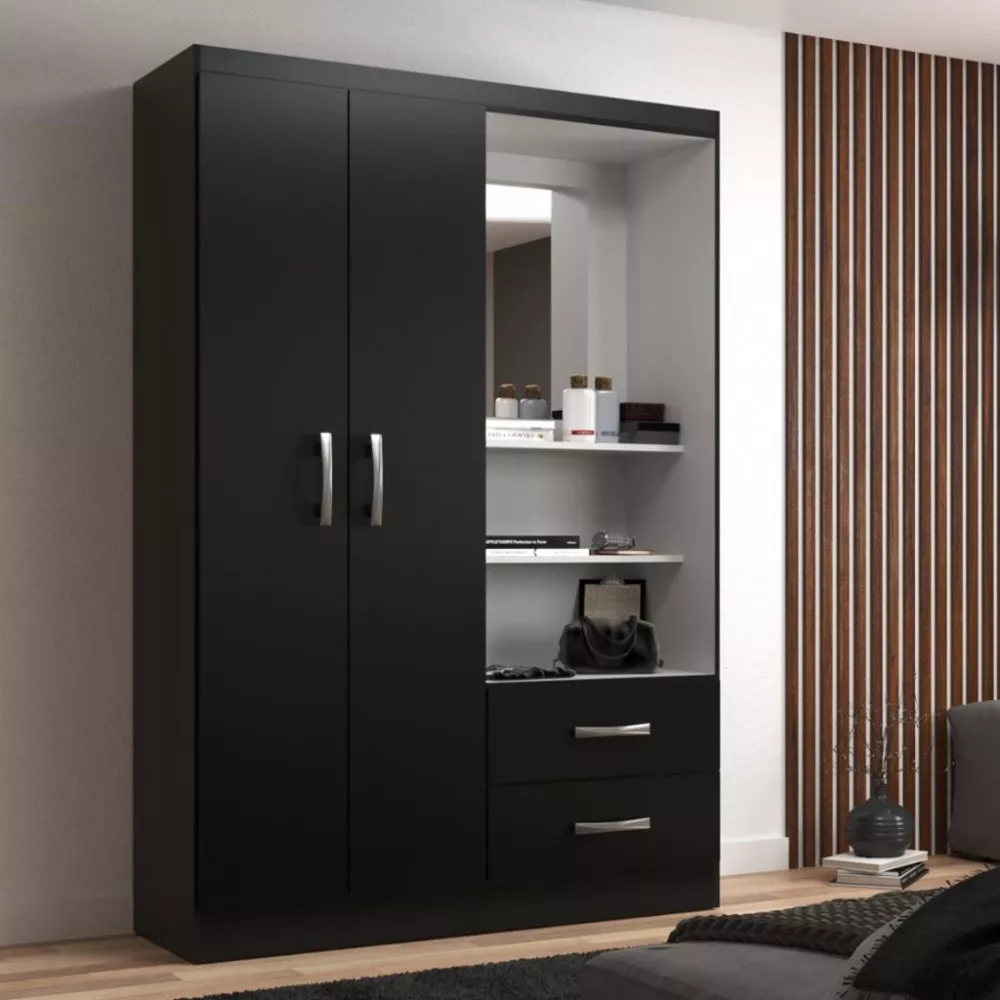 Guarda Roupa Solteiro com Espelho 2 Portas 2 Gavetas Capelinha Evidência Móveis