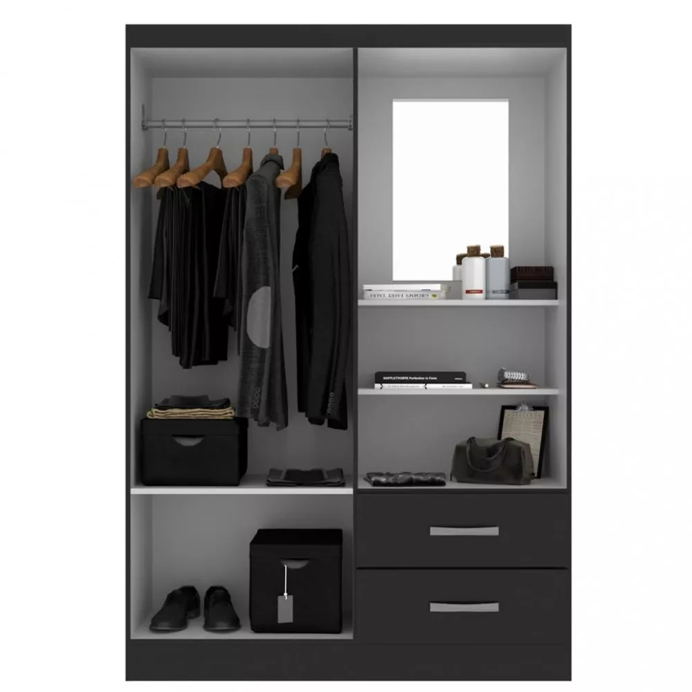 Guarda Roupa Solteiro com Espelho 2 Portas 2 Gavetas Capelinha Evidência Móveis