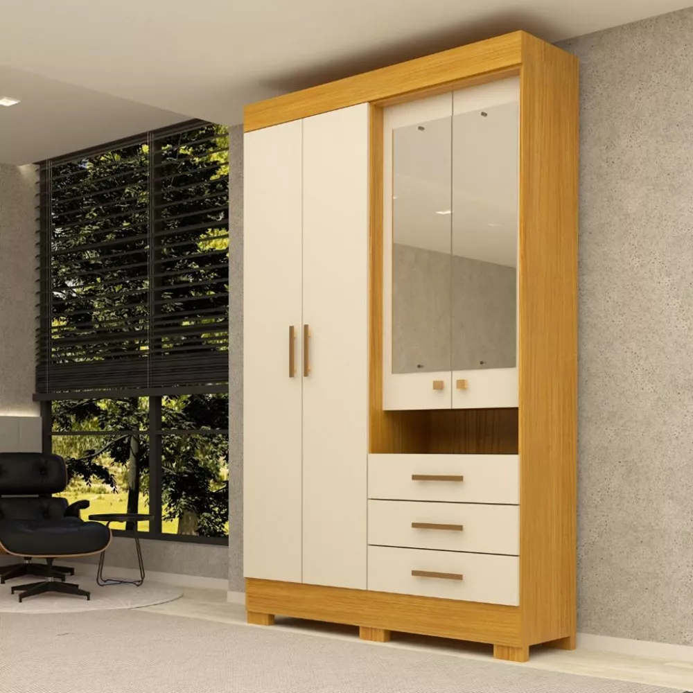 Guarda Roupa Casal com Espelho e Pés 4 Portas 3 Gavetas 100 MDF Debora ACP