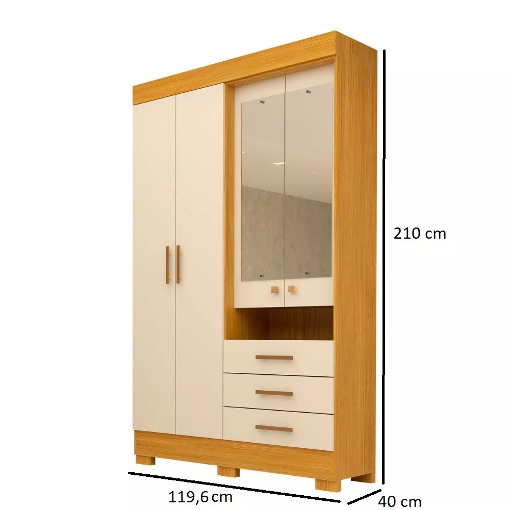 Guarda Roupa Casal com Espelho e Pés 4 Portas 3 Gavetas 100 MDF Debora ACP