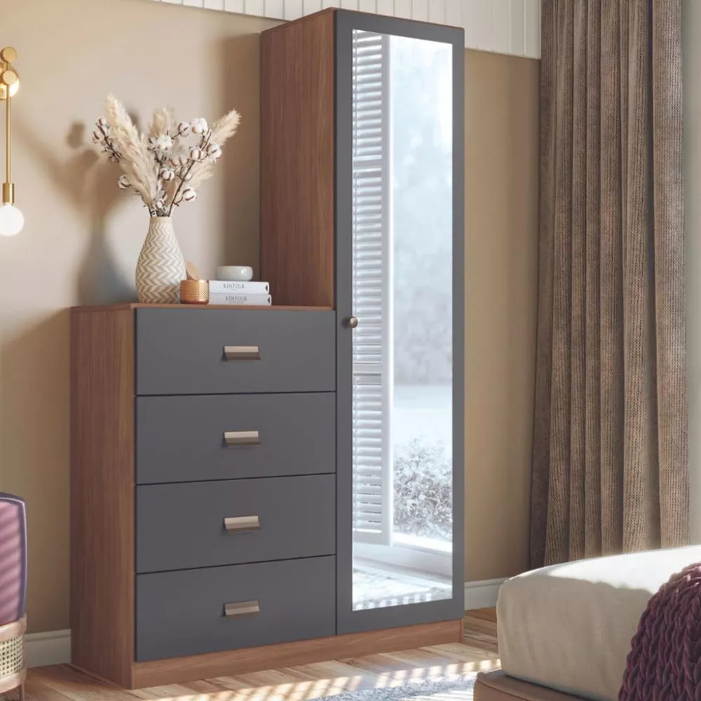 Cômoda 4 Gavetas 1 Porta com Espelho Estilo Santos Andirá