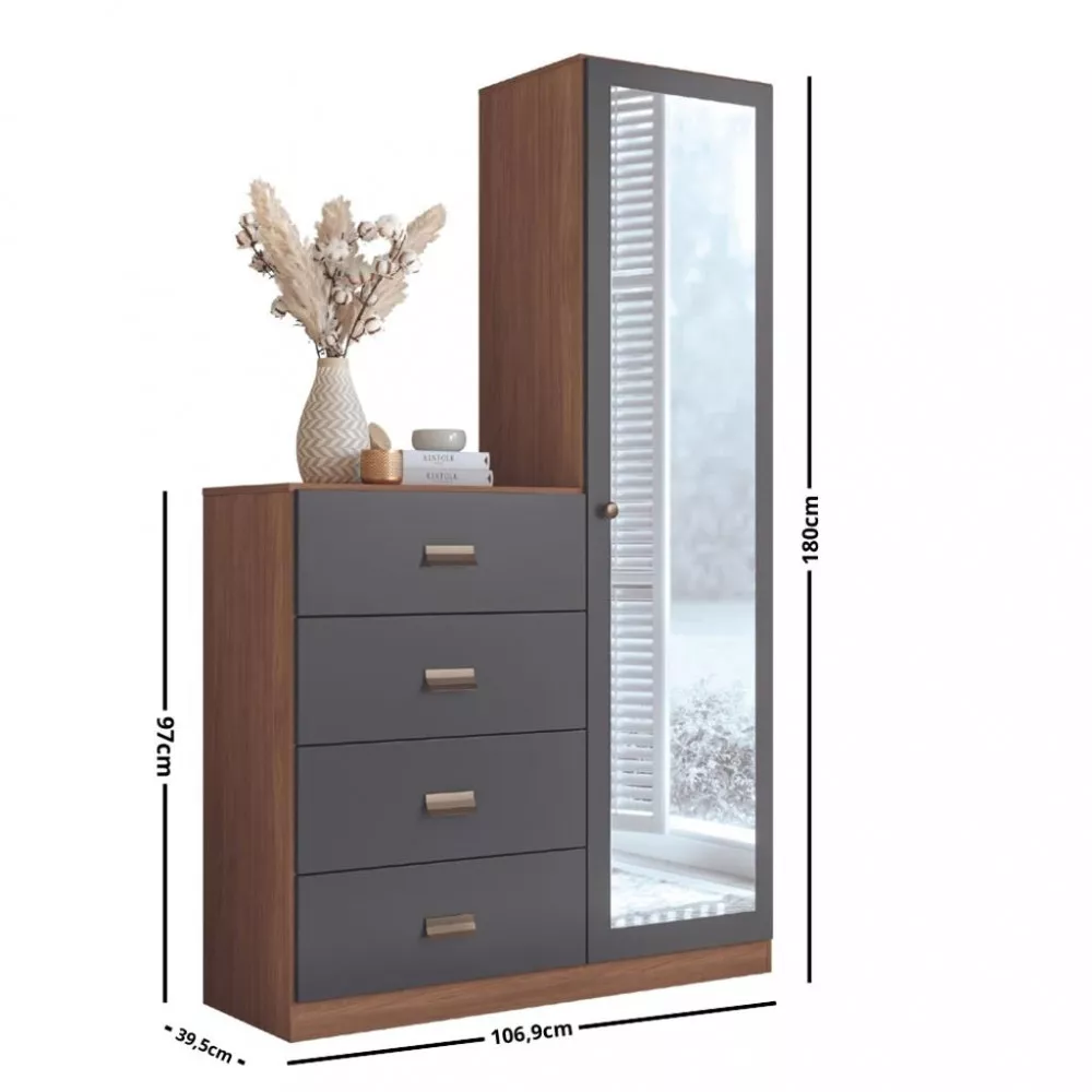 Cômoda 4 Gavetas 1 Porta com Espelho Estilo Santos Andirá