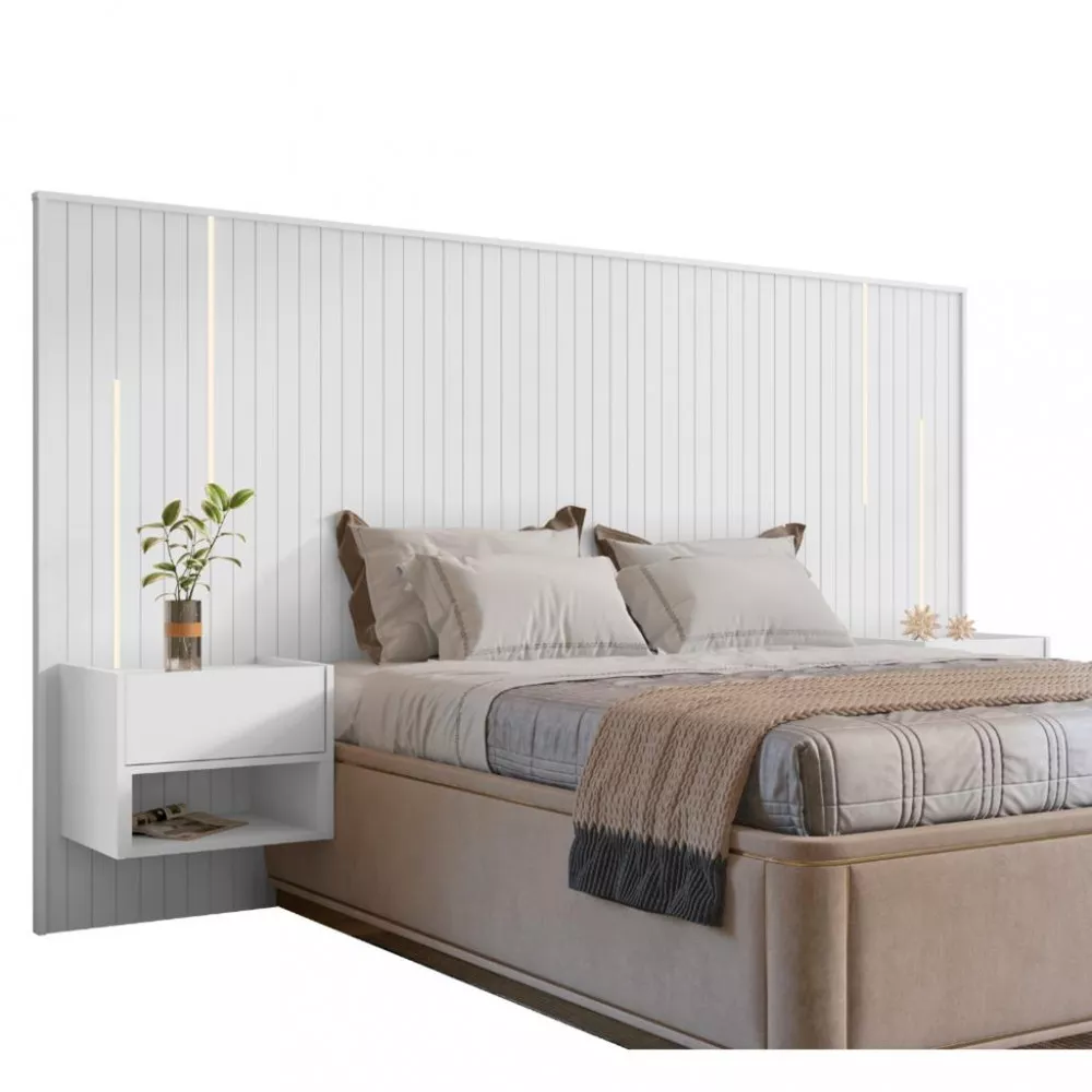 Cabeceira Frisada Casal Queen LED com Mesa de Apoio Florença Casa D