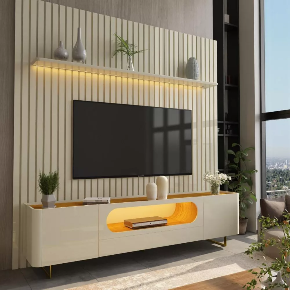 Rack com Painel para TV de Até 85 Polegadas 2 Portas 1 Gaveta LED Com Pés de Ferro Nobre Nobre Gelius
