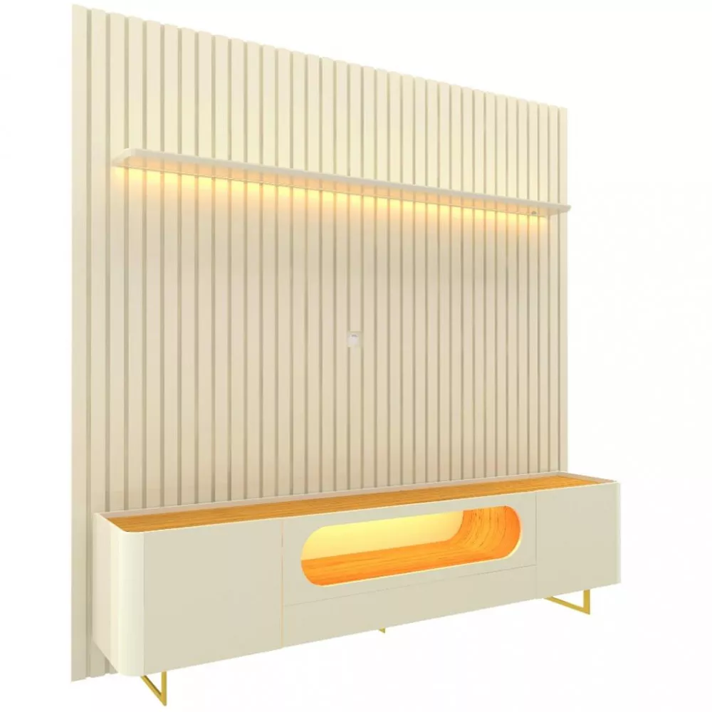 Rack com Painel para TV de Até 85 Polegadas 2 Portas 1 Gaveta LED Com Pés de Ferro Nobre Nobre Gelius