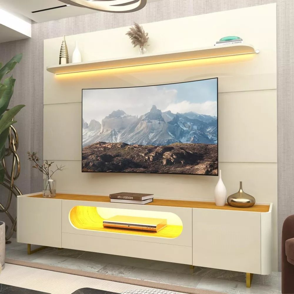 Rack com Painel para TV até 85 Polegadas 2 Portas 1 Gaveta LED com Pés de Ferro Royal Nobre Gelius