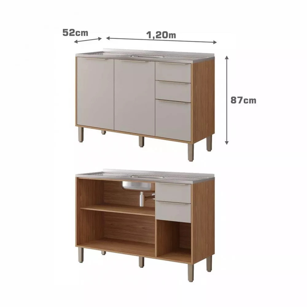 Balcão de Pia 3 Portas 2 Gavetas 120cm sem Pia 100 MDF Diva MGM Móveis