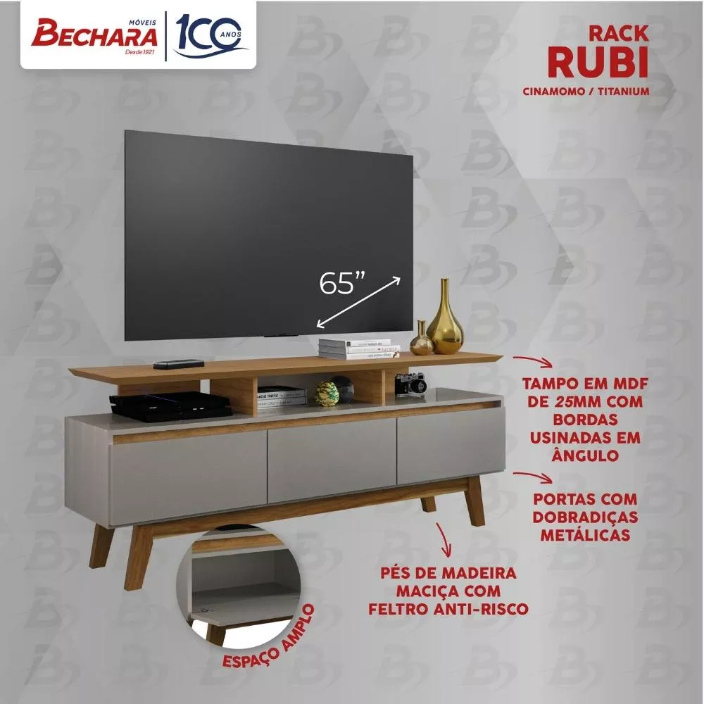 Rack para TV até 60 Polegadas 3 Portas com Pés de Madeira Rubi Bechara