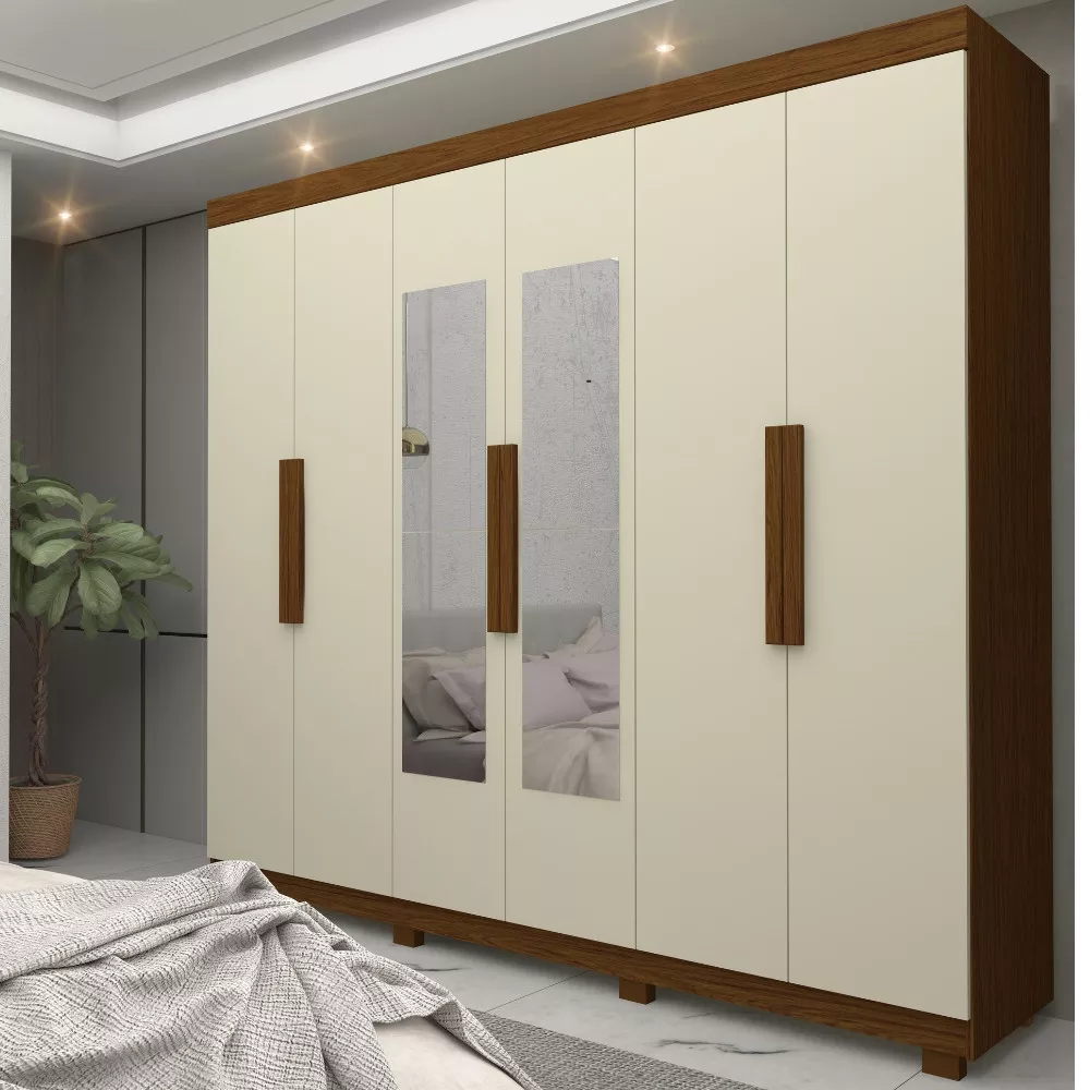 Guarda Roupa Casal 6 Portas 2 Gavetas com Pés e Espelho Império Gelius