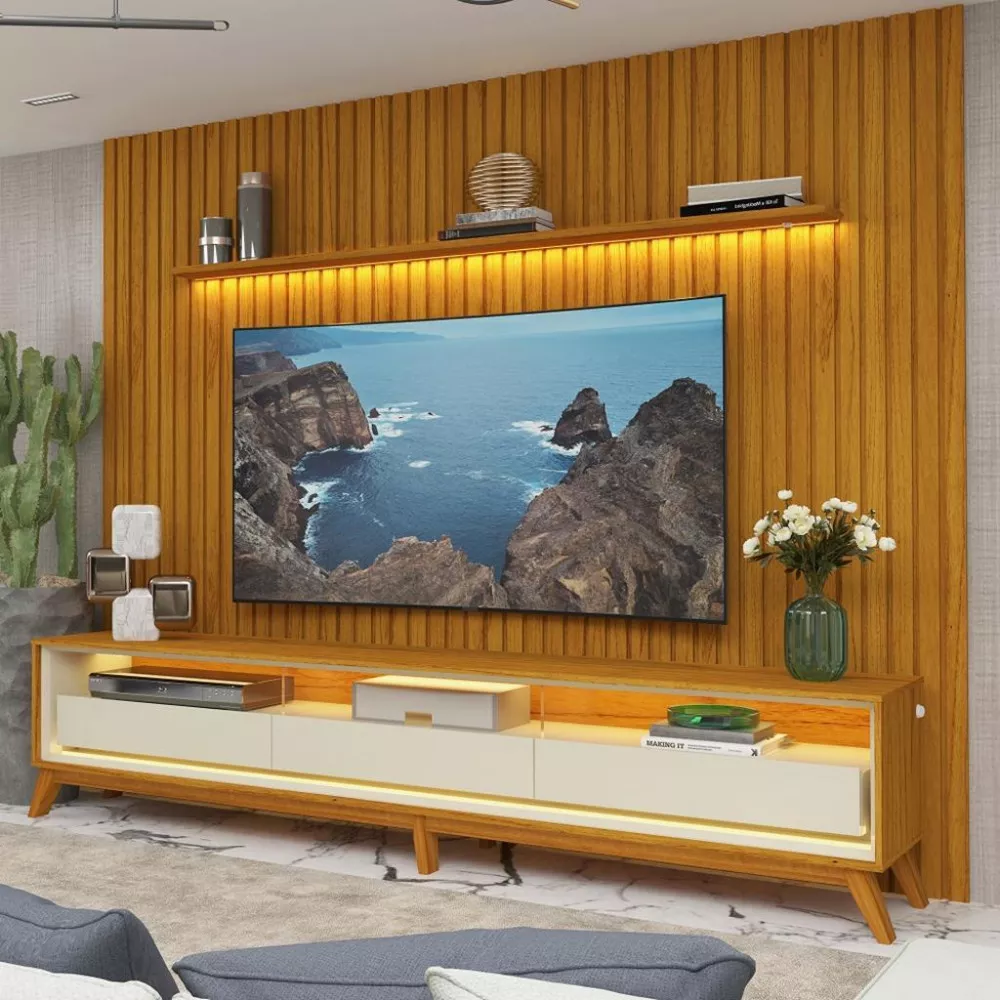 Image 0 of 4 of Rack com Painel Ripado para TV até 85 Polegadas com LED e Vidro 3 Gavetas com Pés Nobre Requinte 275 Gelius