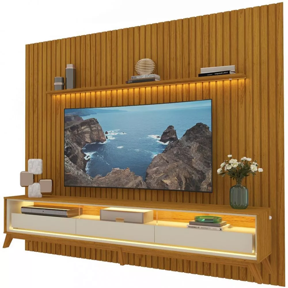 Image 1 of 4 of Rack com Painel Ripado para TV até 85 Polegadas com LED e Vidro 3 Gavetas com Pés Nobre Requinte 275 Gelius