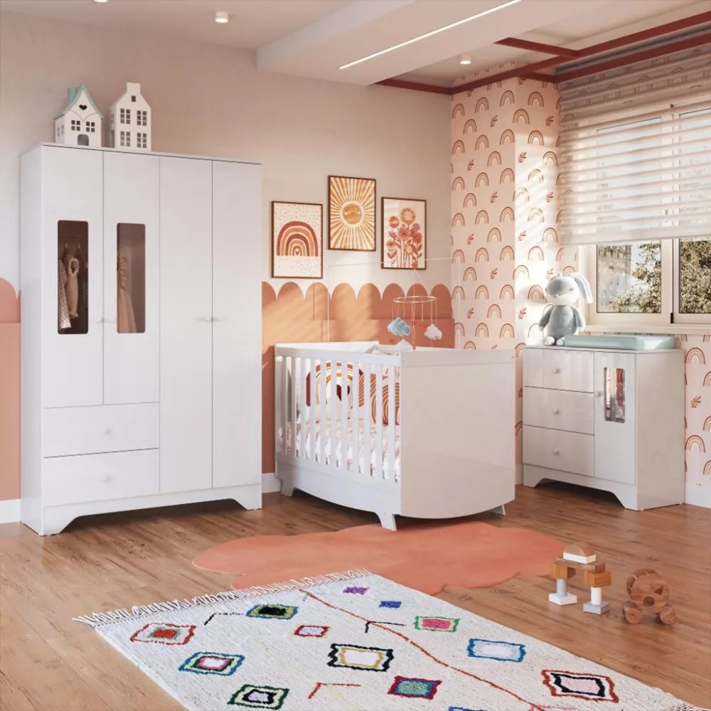 Quarto Infantil Guarda Roupa 4 Portas e Cômoda Ben e Berço Americano Móveis Peroba