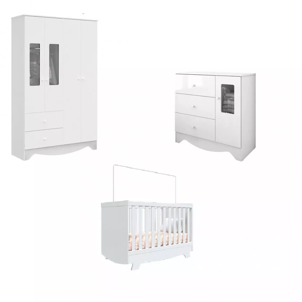 Quarto Infantil Guarda Roupa 4 Portas e Cômoda Ben e Berço Americano Móveis Peroba