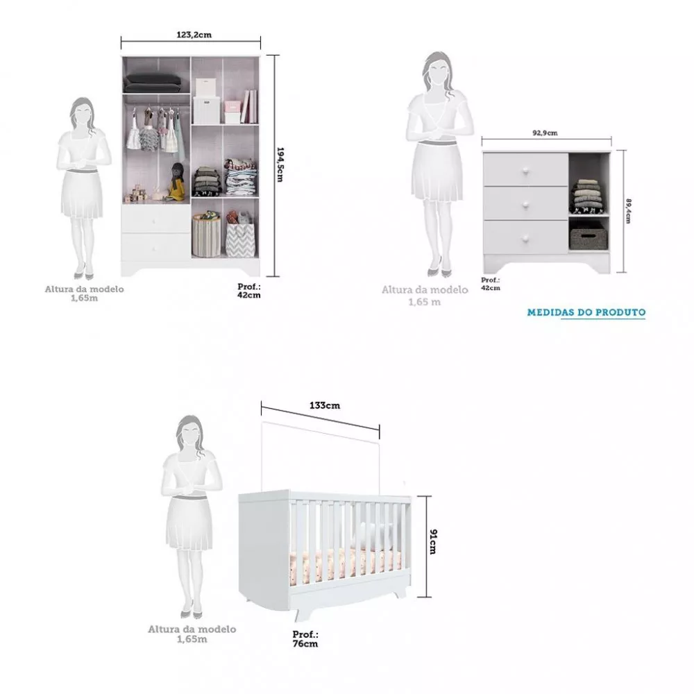 Quarto Infantil Guarda Roupa 4 Portas e Cômoda Ben e Berço Americano Móveis Peroba