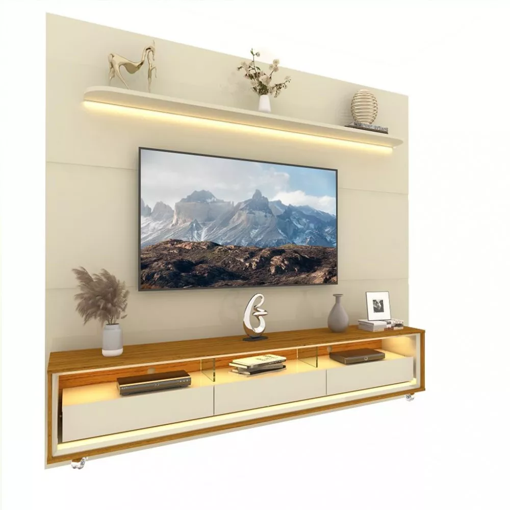 Rack com Painel para TV até 85 Polegadas 3 Gavetas LED com Rodízios Royal Requinte Gelius