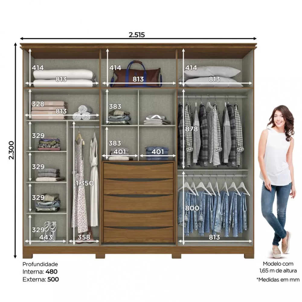 Guarda Roupa Casal Espelhos 6 Portas 5 Gavetas Belori Briz