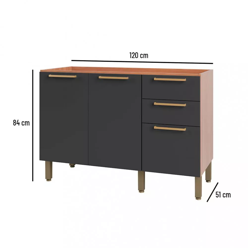 Balcão 2 Portas 3 Gavetas Sem Tampo 120cm Sálvia Telasul