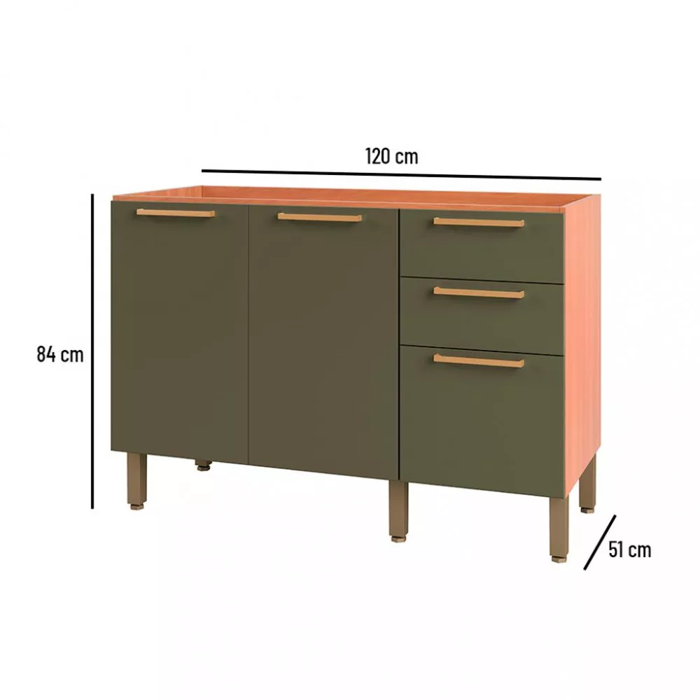 Balcão 2 Portas 3 Gavetas Sem Tampo 120cm Sálvia Telasul