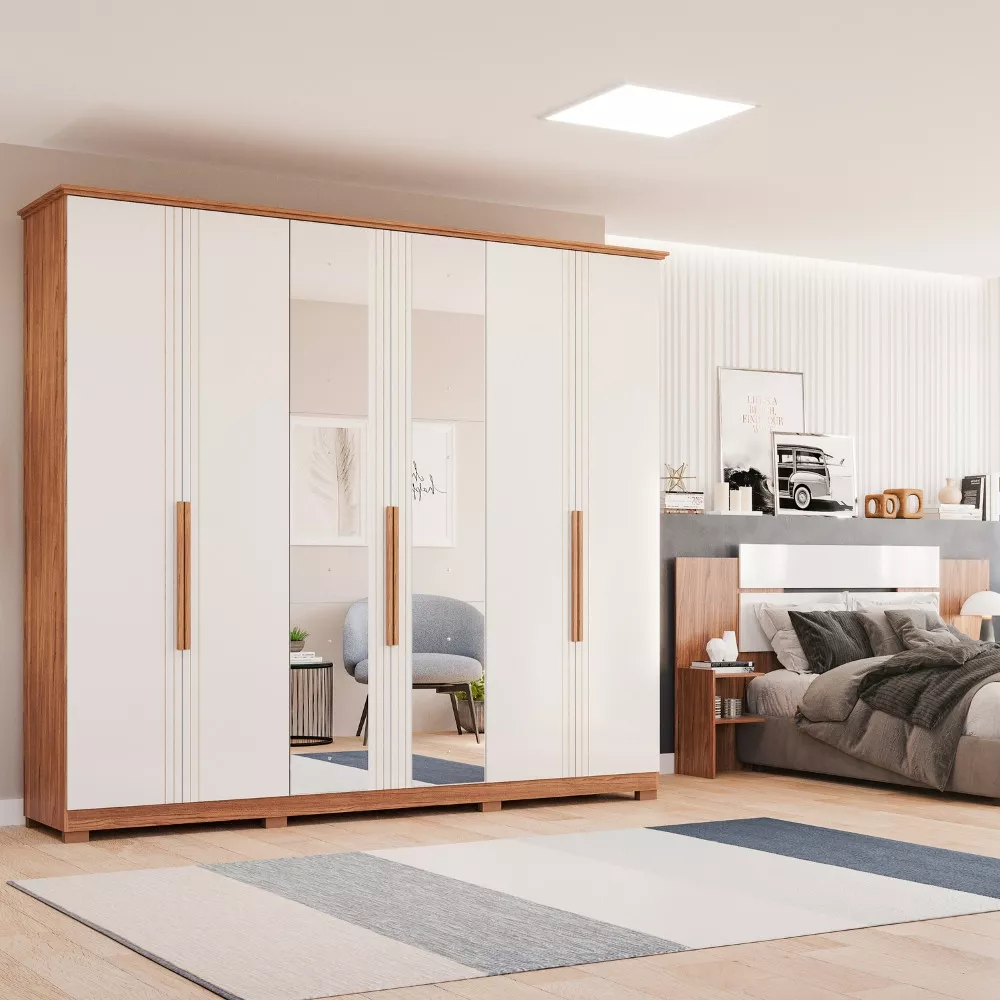Guarda Roupa Casal com Espelho e Pés 6 Portas 100 MDF Itaunas Panan