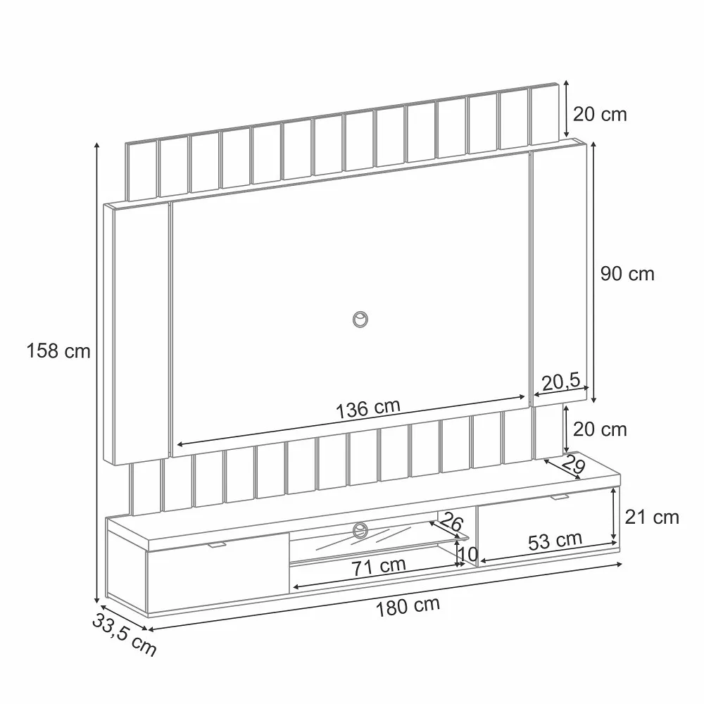 Painel Ripado para TV até 55 Polegadas com LED Prateleira de Vidro 2 Portas Ilusion HB Móveis