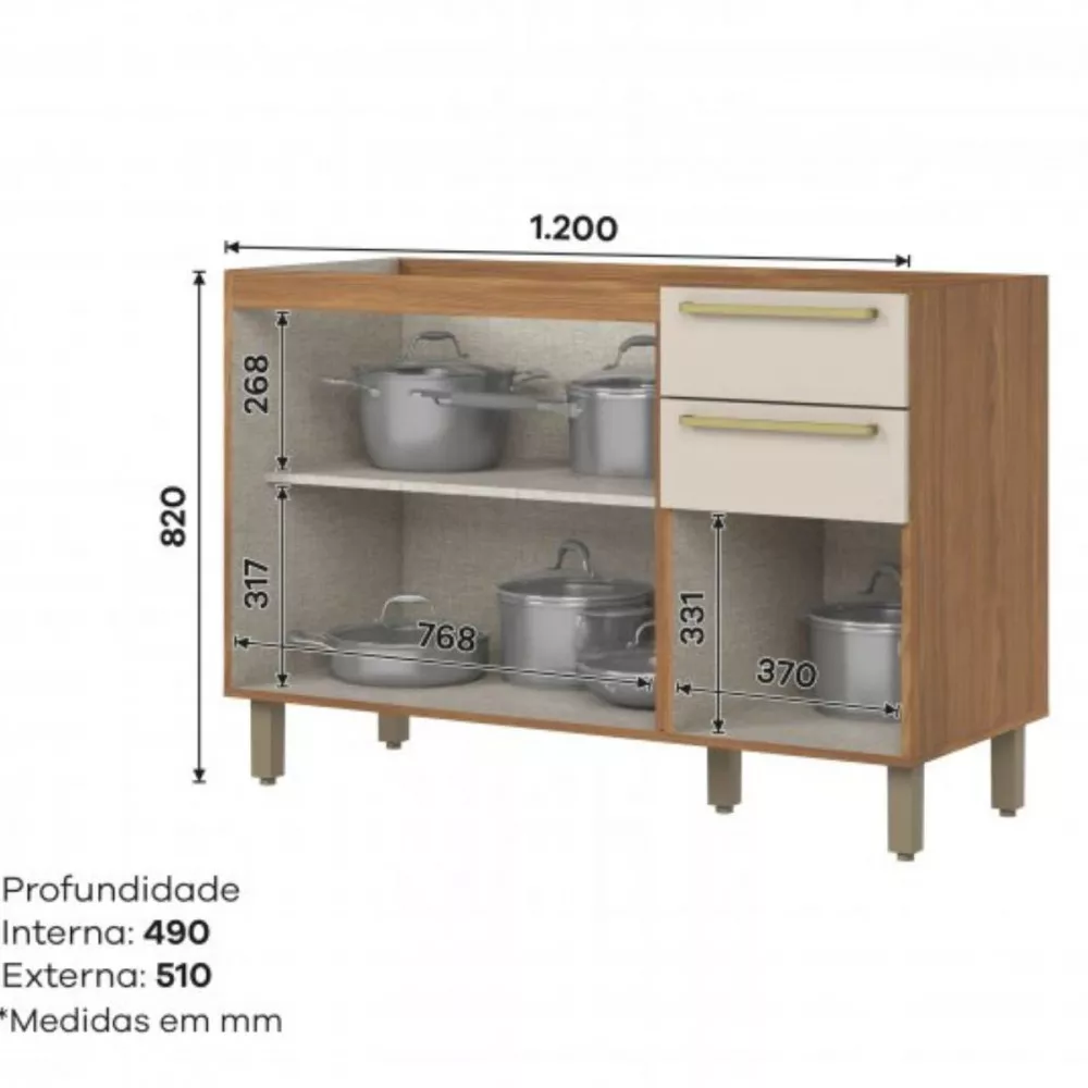 Balcão Pia 3 Portas 2 Gavetas 1.20 Requinte Henn