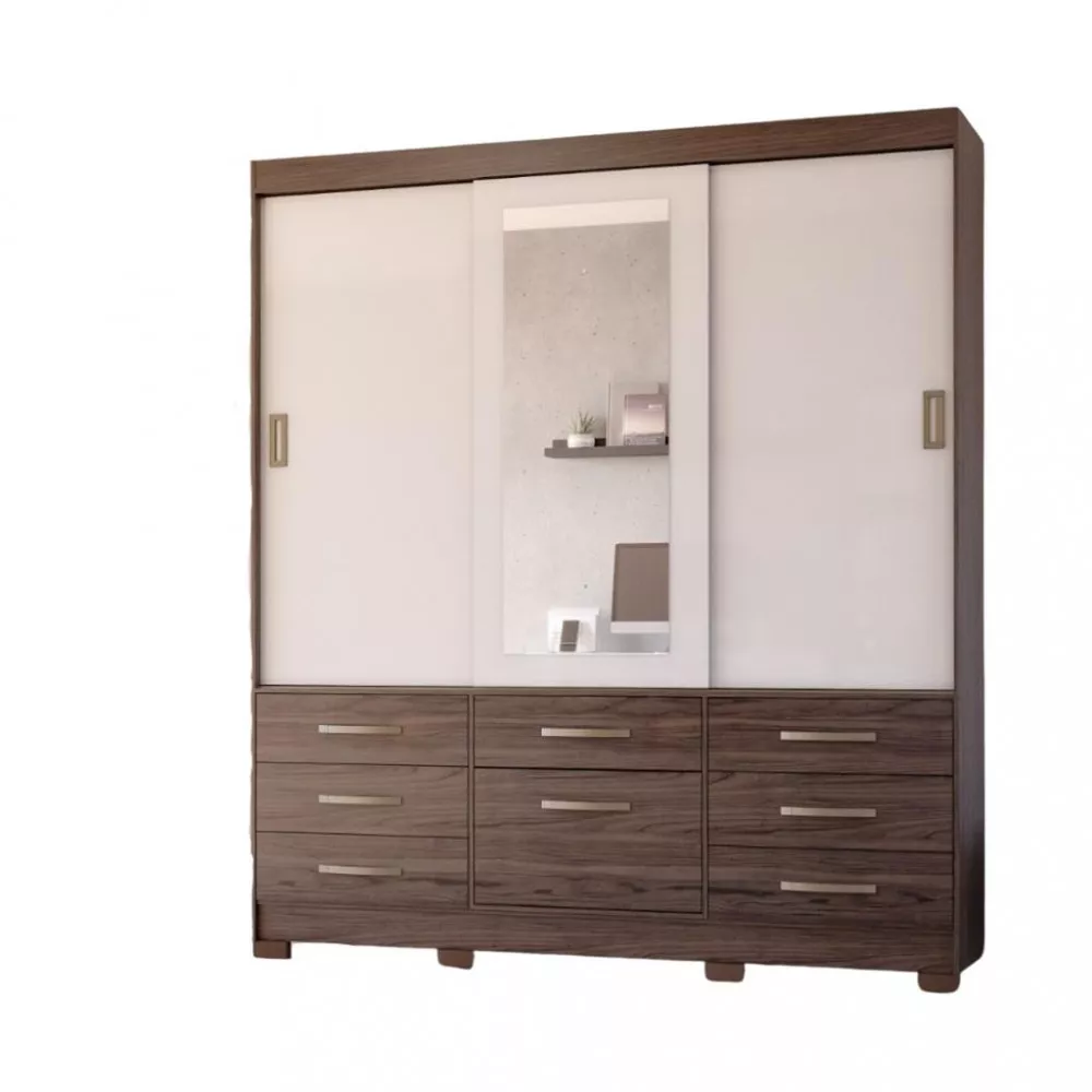 Guarda Roupa Casal com Espelho 3 Portas 8 Gavetas com Pés em MDF Luiza Panan