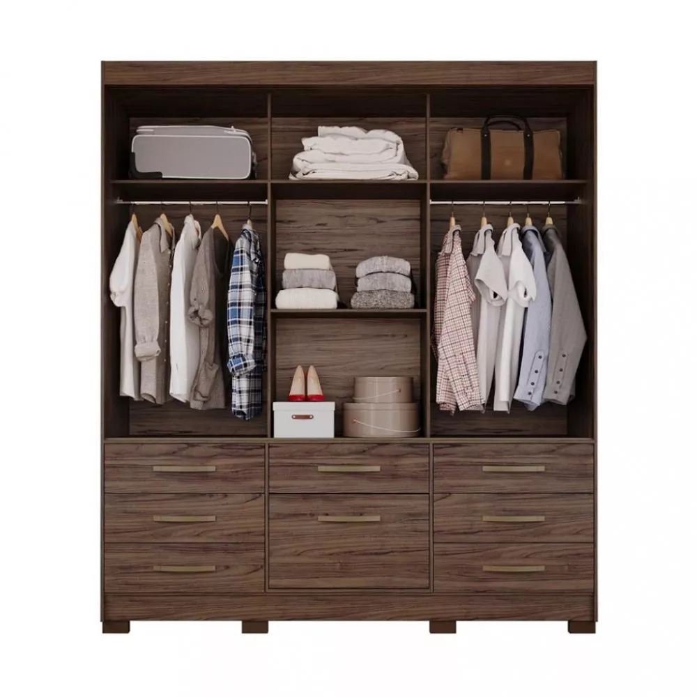 Guarda Roupa Casal com Espelho 3 Portas 8 Gavetas com Pés em MDF Luiza Panan