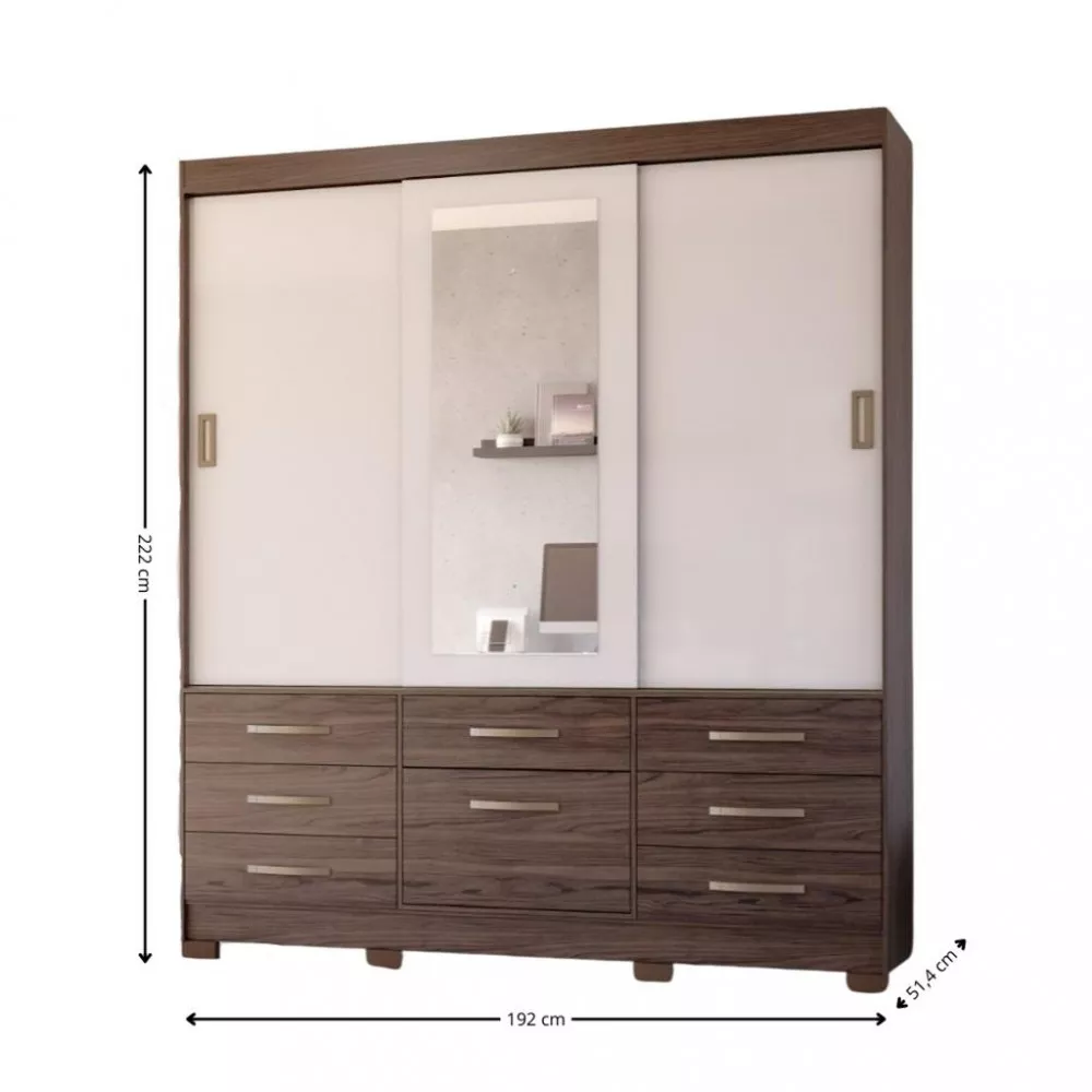 Guarda Roupa Casal com Espelho 3 Portas 8 Gavetas com Pés em MDF Luiza Panan
