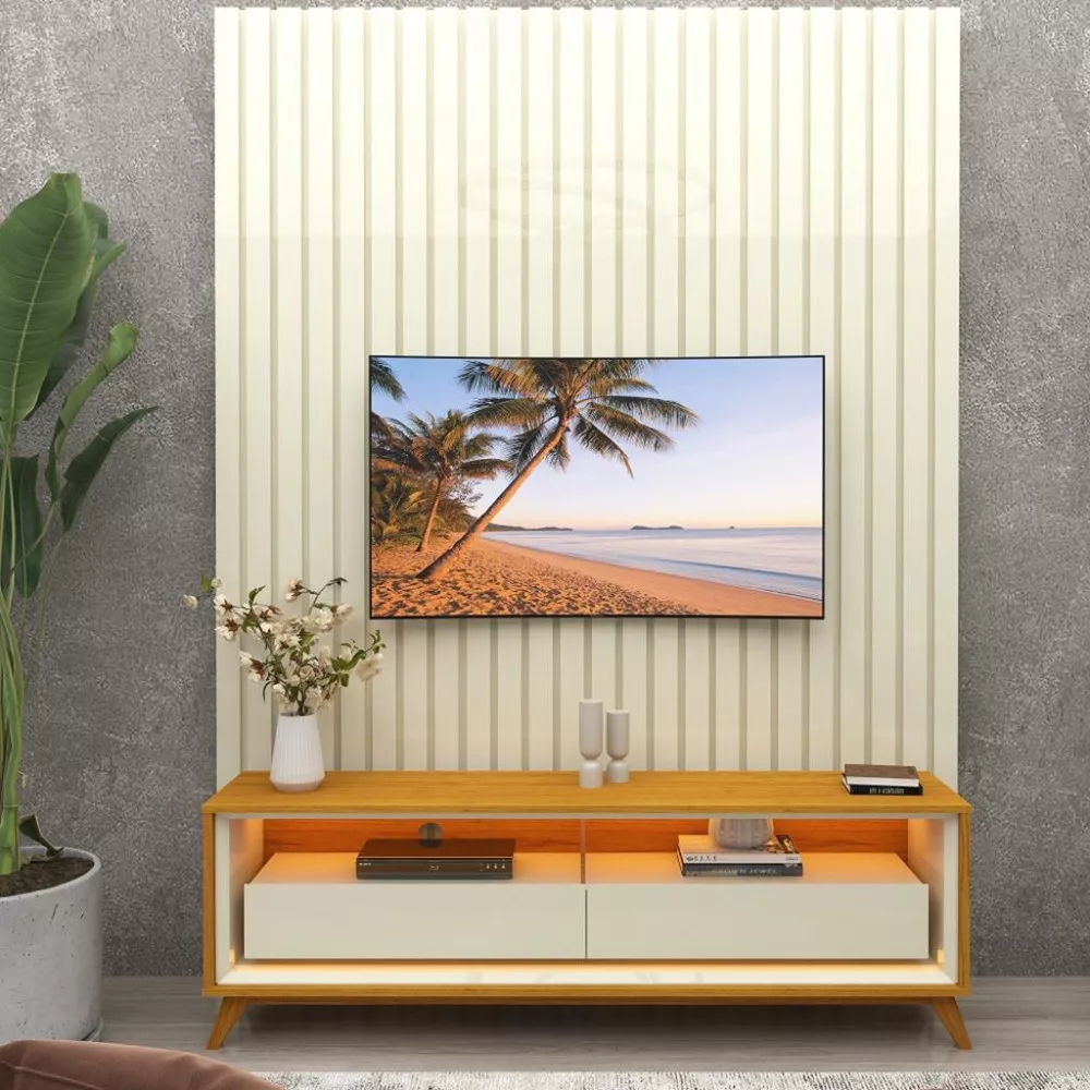 Rack com Painel para TV até 43 Polegadas 2 Gavetas Ripado LED com Pés Nobre Requinte Gelius