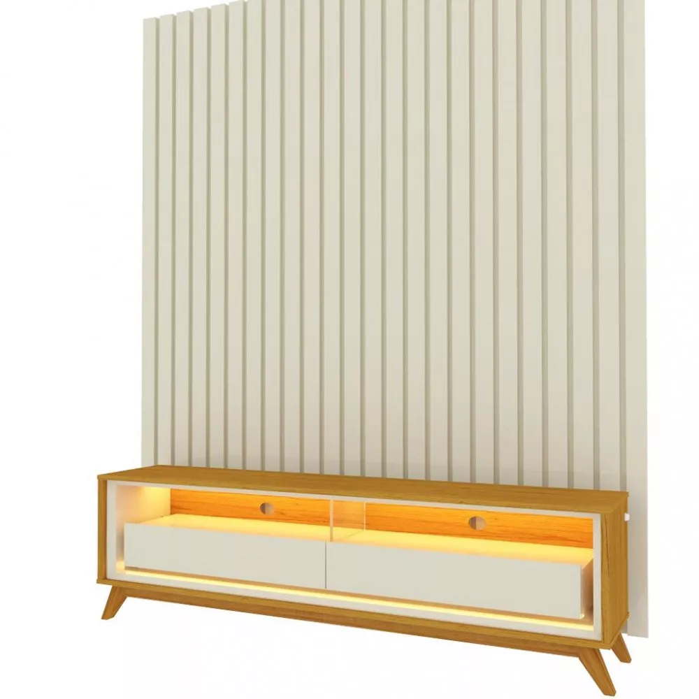 Rack com Painel para TV até 43 Polegadas 2 Gavetas Ripado LED com Pés Nobre Requinte Gelius