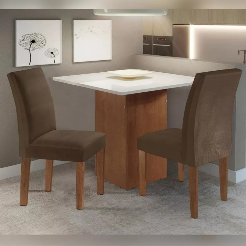 Conjunto Sala de Jantar Mesa 90cm 2 Cadeiras Tampo MDF Luciana Cel Móveis