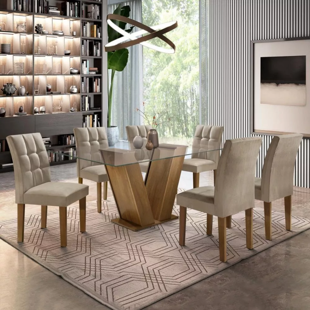Conjunto Sala de Jantar Mesa 160cm 6 Cadeiras Vitória Cel Móveis
