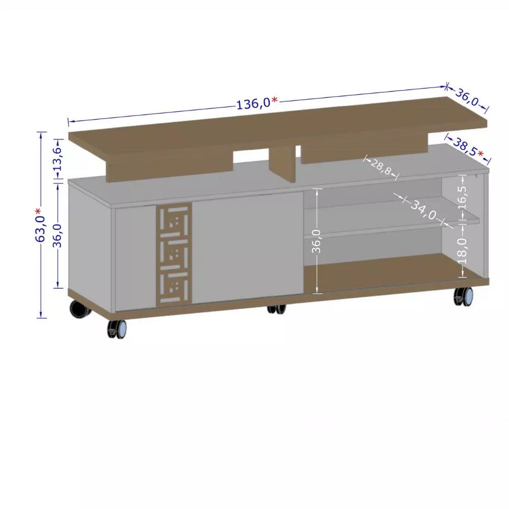 Rack para TV até 52 Polegadas 1 Porta de Correr com Rodízios Topázio Bechara