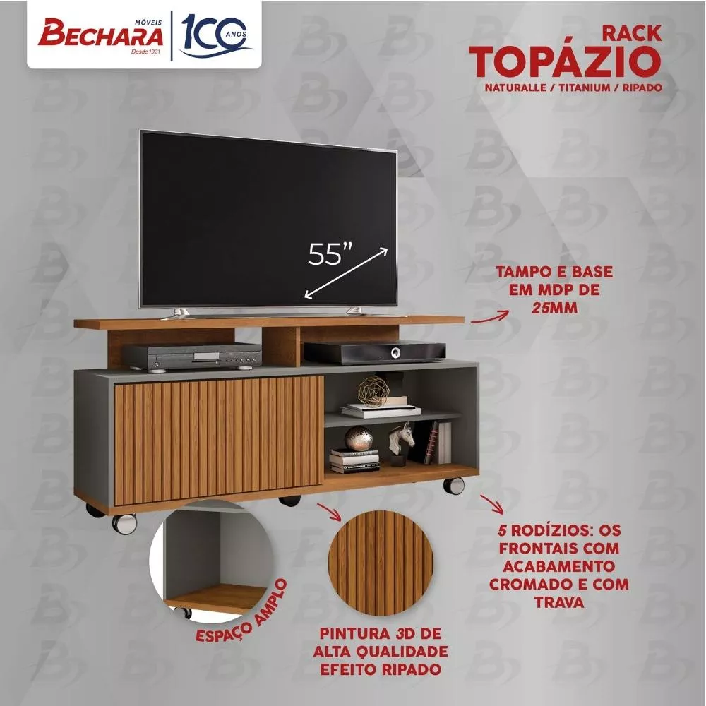 Rack para TV até 52 Polegadas 1 Porta de Correr com Rodízios Topázio Bechara