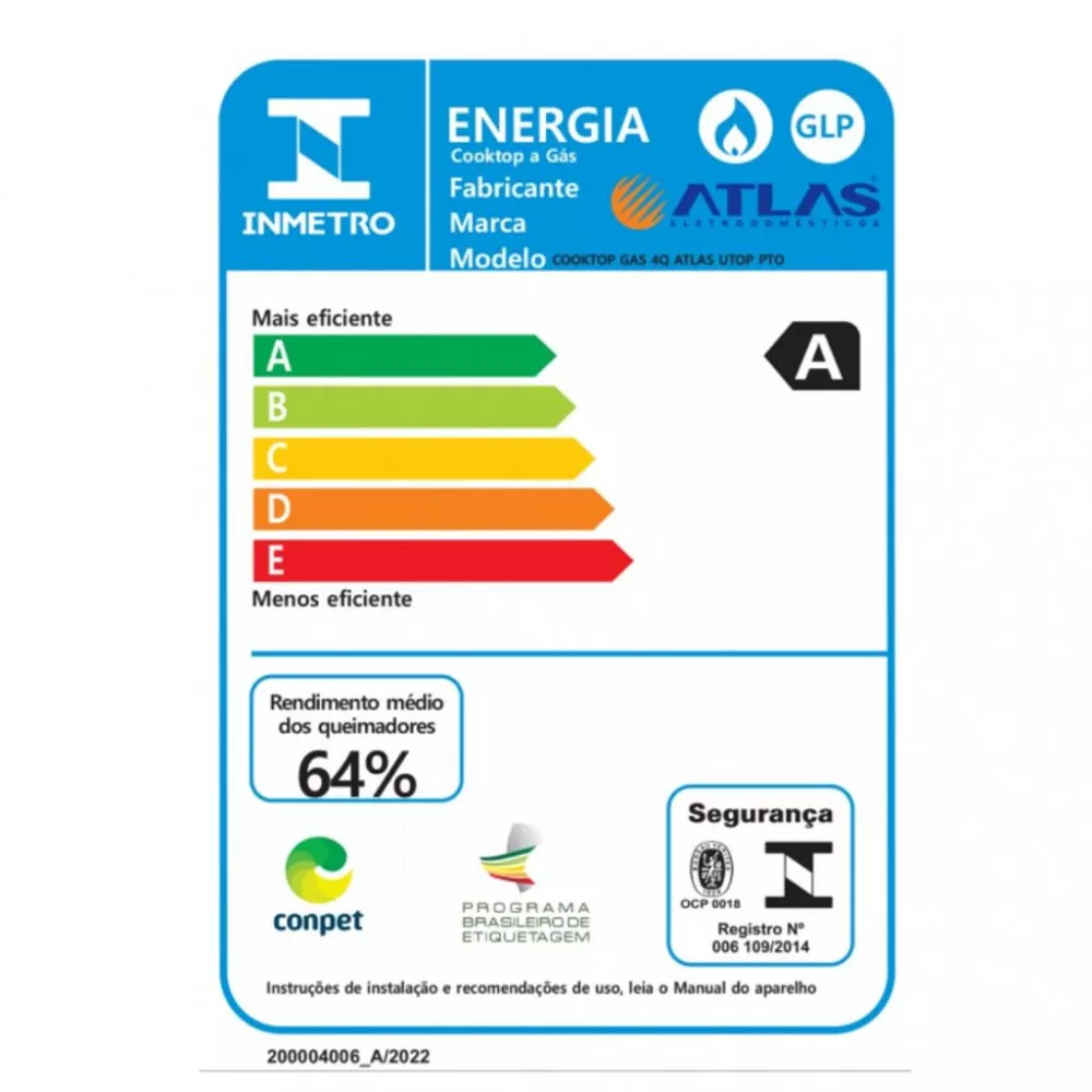 Cooktop Atlas U Top 4 Bocas Acendimento Automático