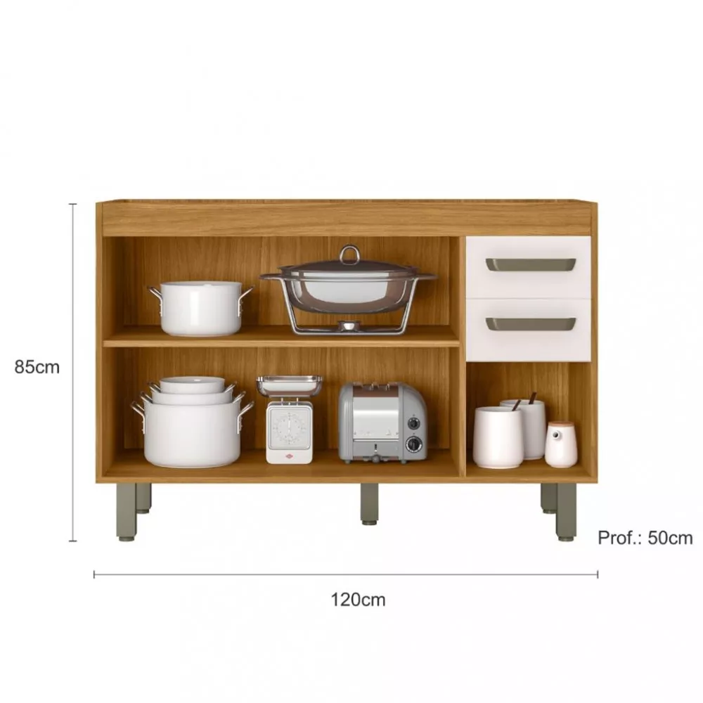 Balcão 120cm sem Tampo 3 Portas 2 Gavetas Malta Poliman