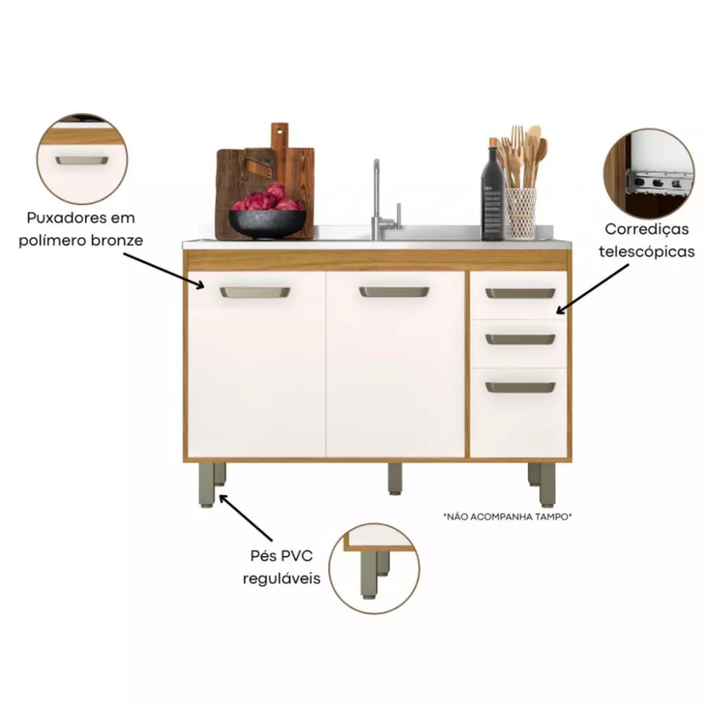 Balcão 120cm sem Tampo 3 Portas 2 Gavetas Malta Poliman