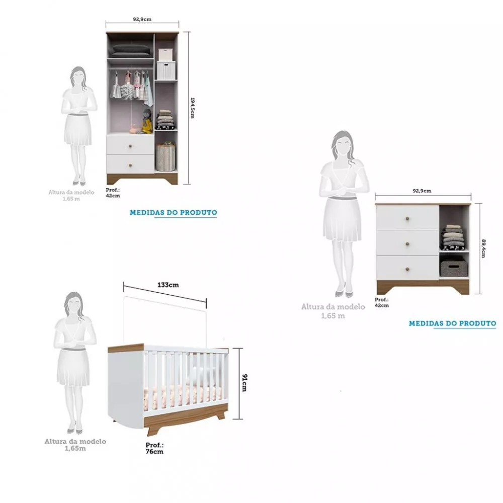 Quarto Infantil Guarda Roupa e Cômoda Ben e Berço Nick Móveis Peroba
