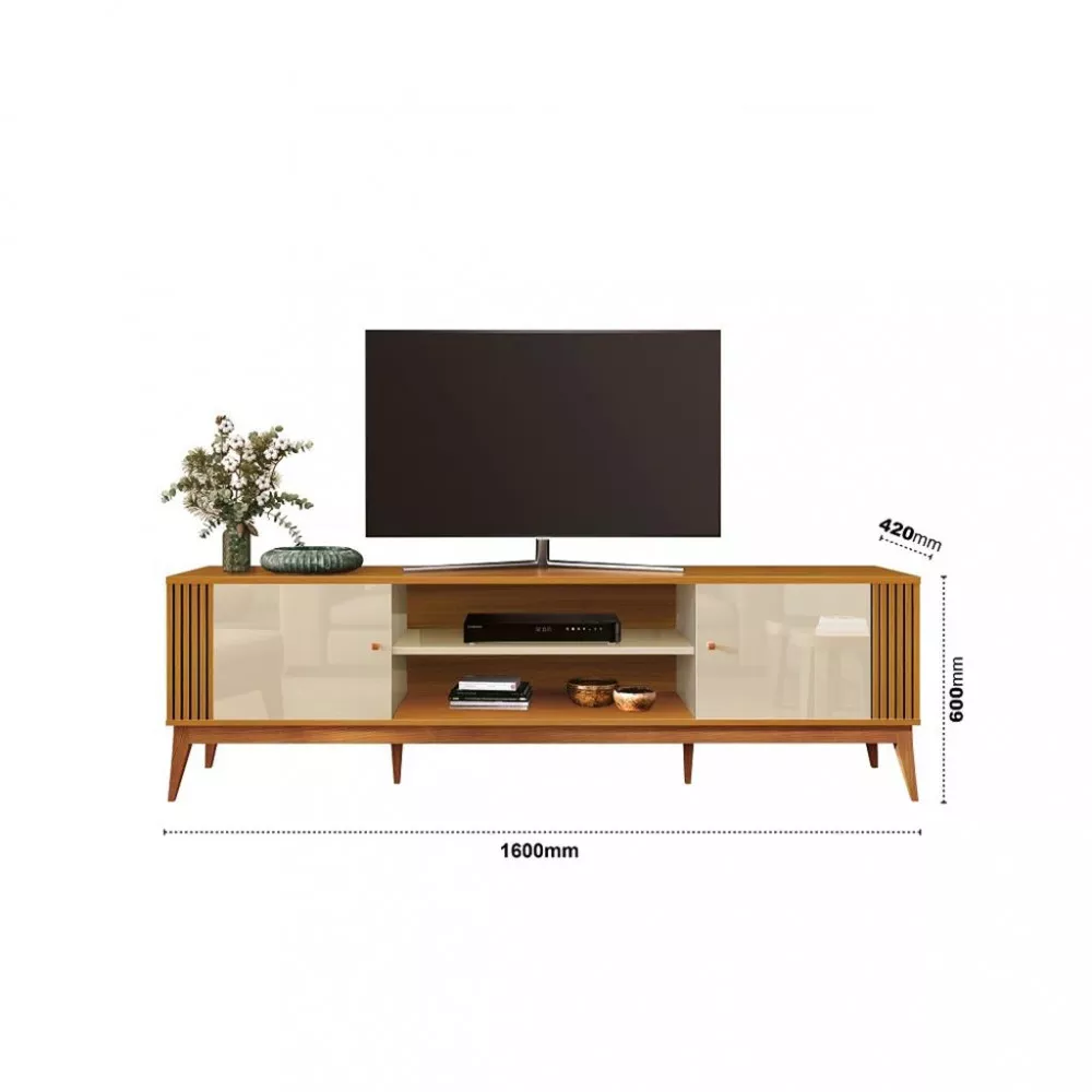 Rack com Painel Ripado para TV até 60 Polegadas 2 Portas com Pés de Madeira Legacy EDN Móveis