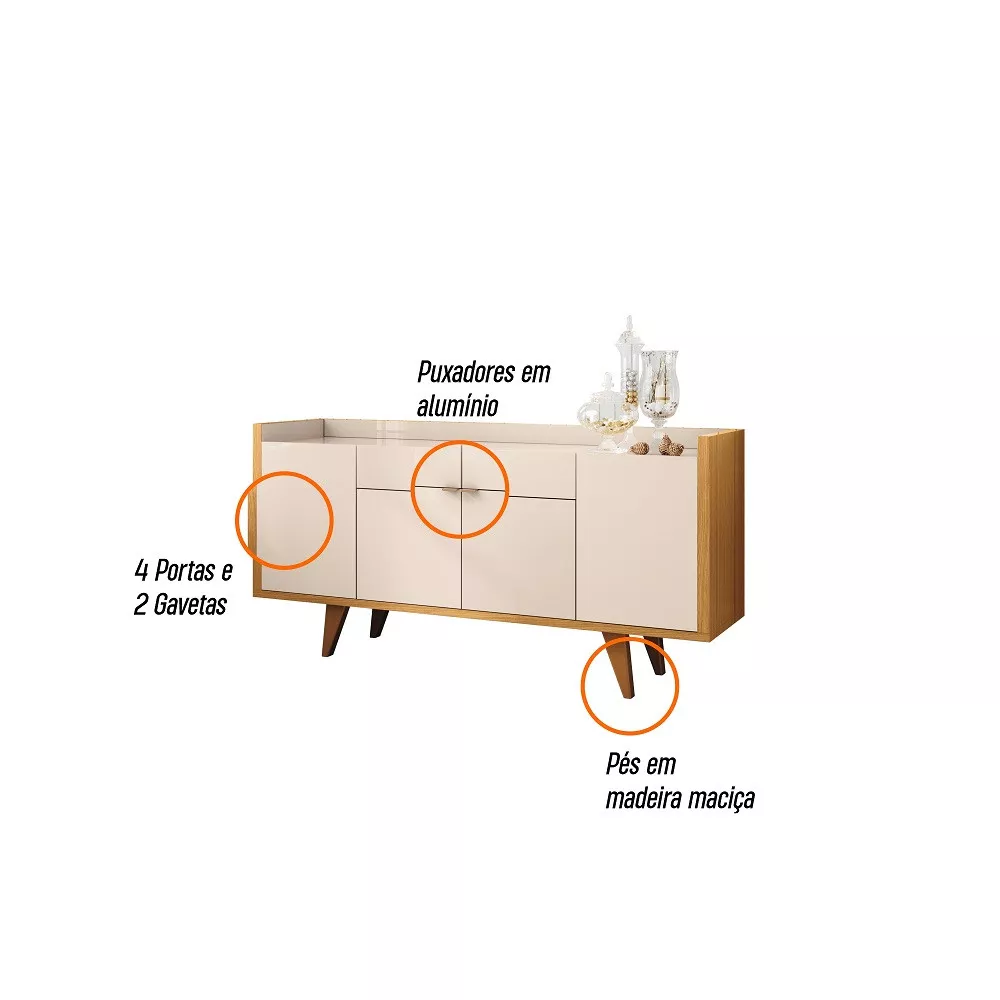 Aparador Buffet 4 Portas 2 Gavetas com Pés Melodia HB Móveis