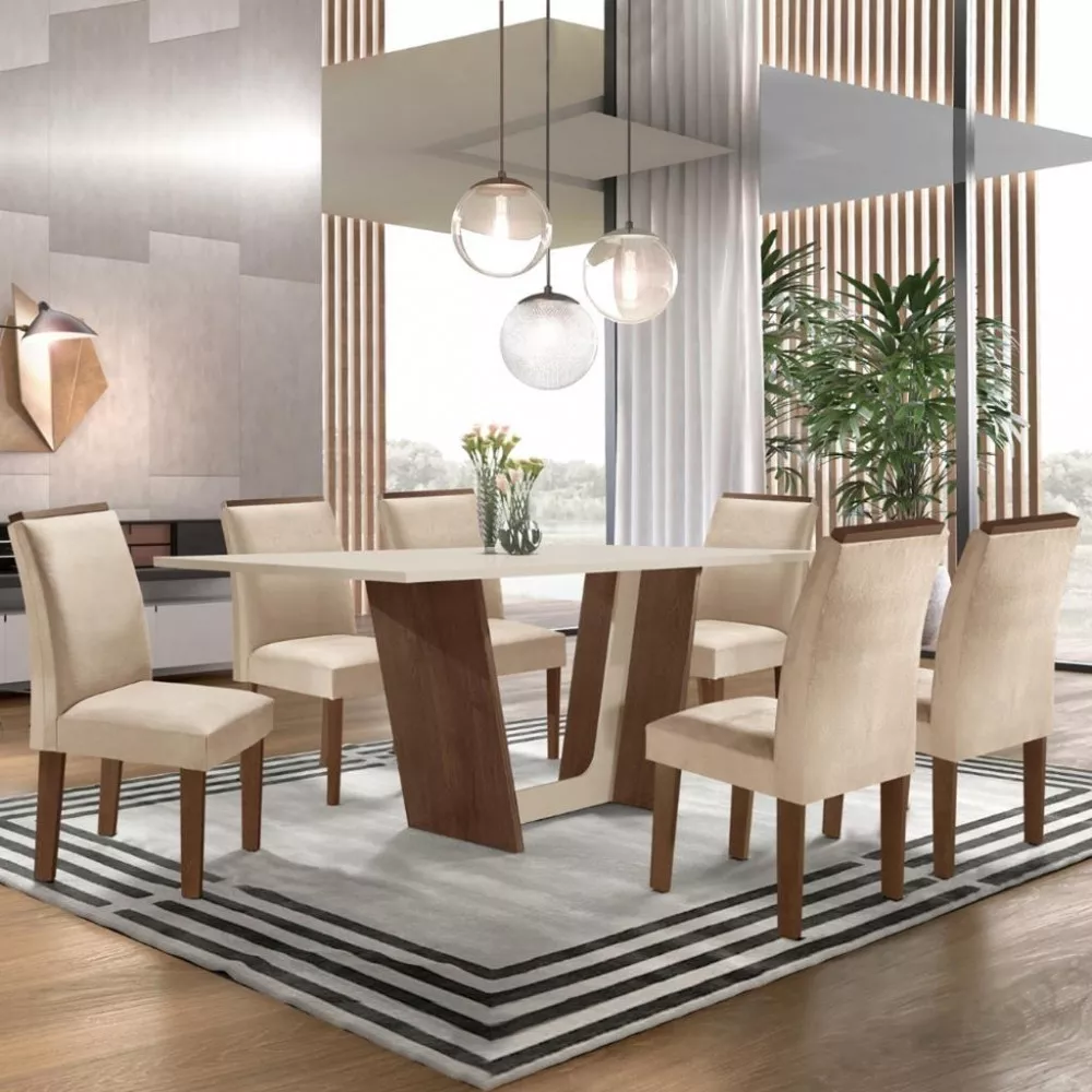 Conjunto Sala de Jantar Mesa 160cm 6 Cadeiras Tampo Dakota Plus Florença Sevilha Cel Móveis