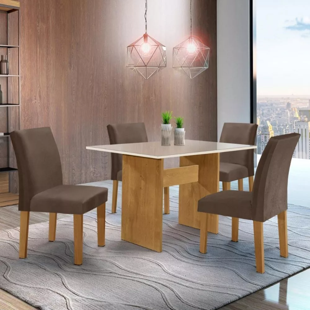 Conjunto Sala de Jantar Mesa 120cm 4 Cadeiras Tampo  Vidro Júlia Cel Móveis