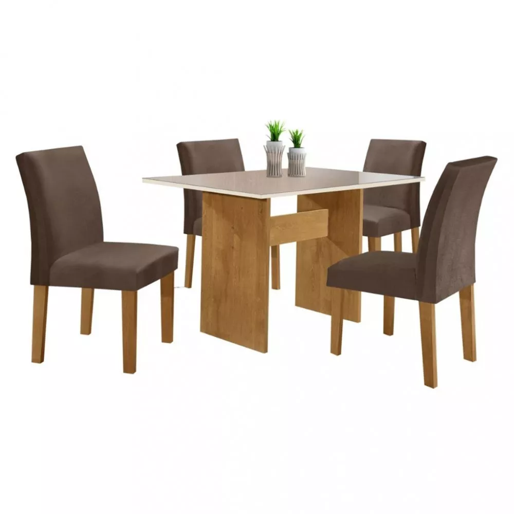 Conjunto Sala de Jantar Mesa 120cm 4 Cadeiras Tampo  Vidro Júlia Cel Móveis