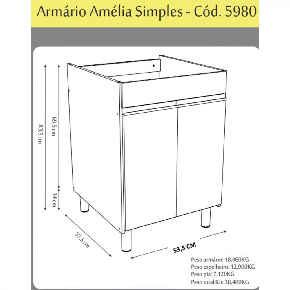 Kit Lavanderia Rorato Amélia Com Tanque E Aéreo 2 Portas Semi Montado